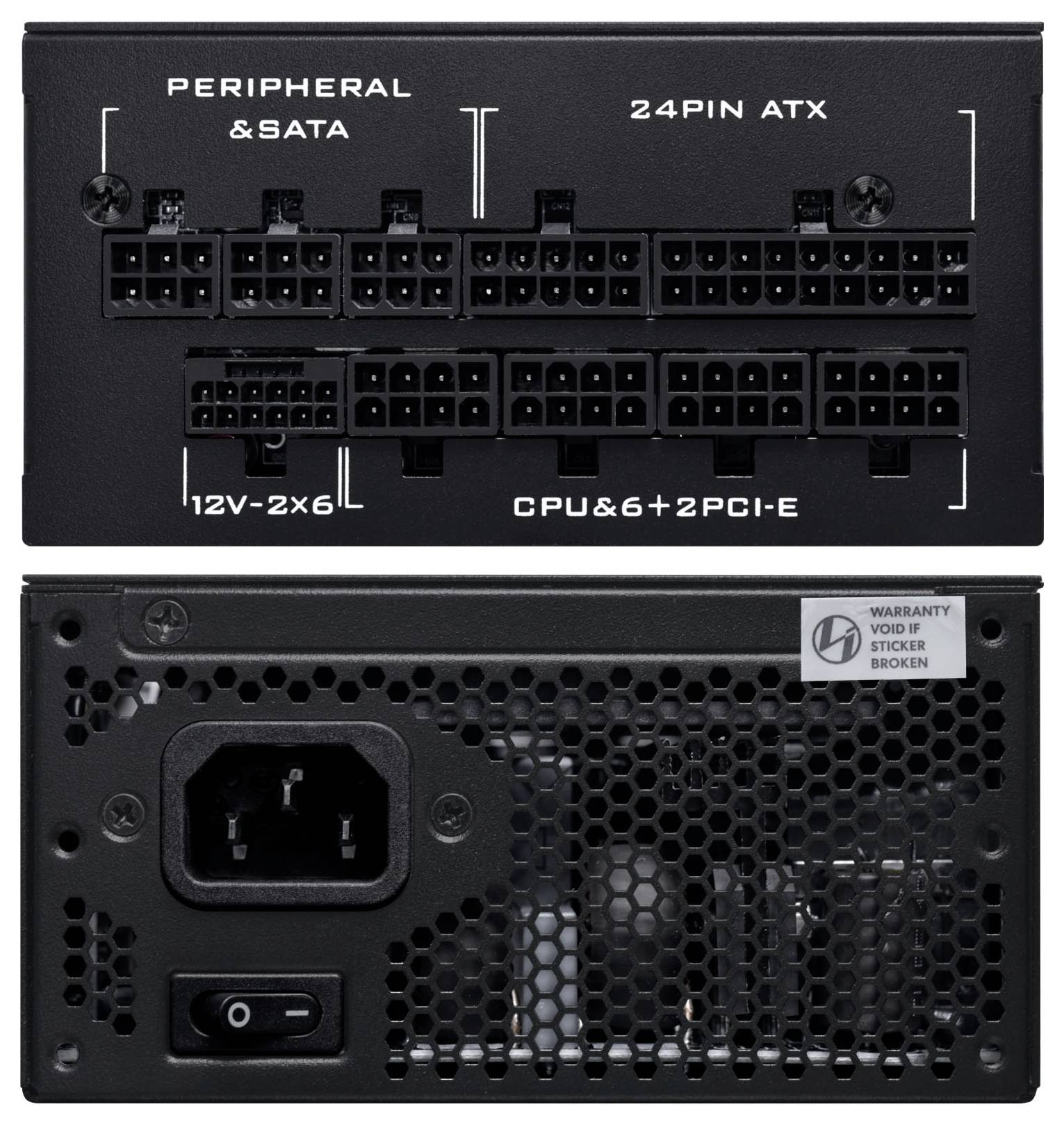 Černá jednotka počítačového napájecího zdroje ukazující svoje porty pro připojení kabelů označené jako Peripheral & SATA, 24PIN ATX, CPU & 6+2 PCI-E.