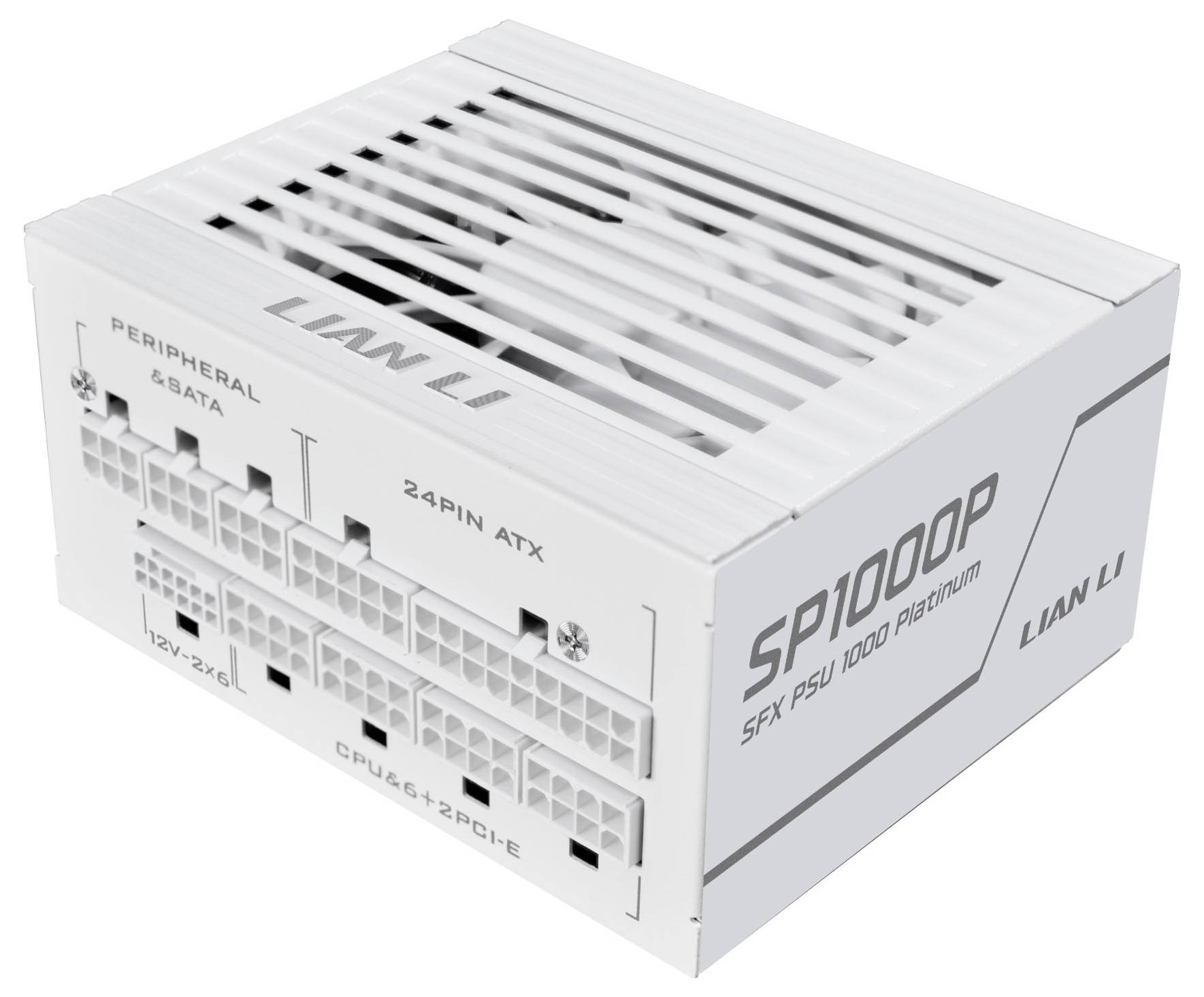 Počítačový zdroj s více konektory označenými: Peripheral & SATA, 24PIN ATX, 12V-2x6, CPU & 6+2PCI-E; obsahuje mřížku ventilátoru.
