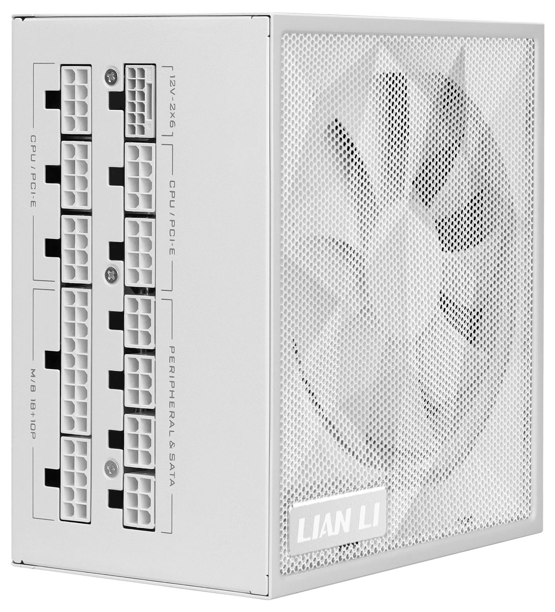 Bílá jednotka zdroje Lian Li s více konektory označenými pro použití procesoru, PCIe a SATA; obsahuje ventilační mřížky.