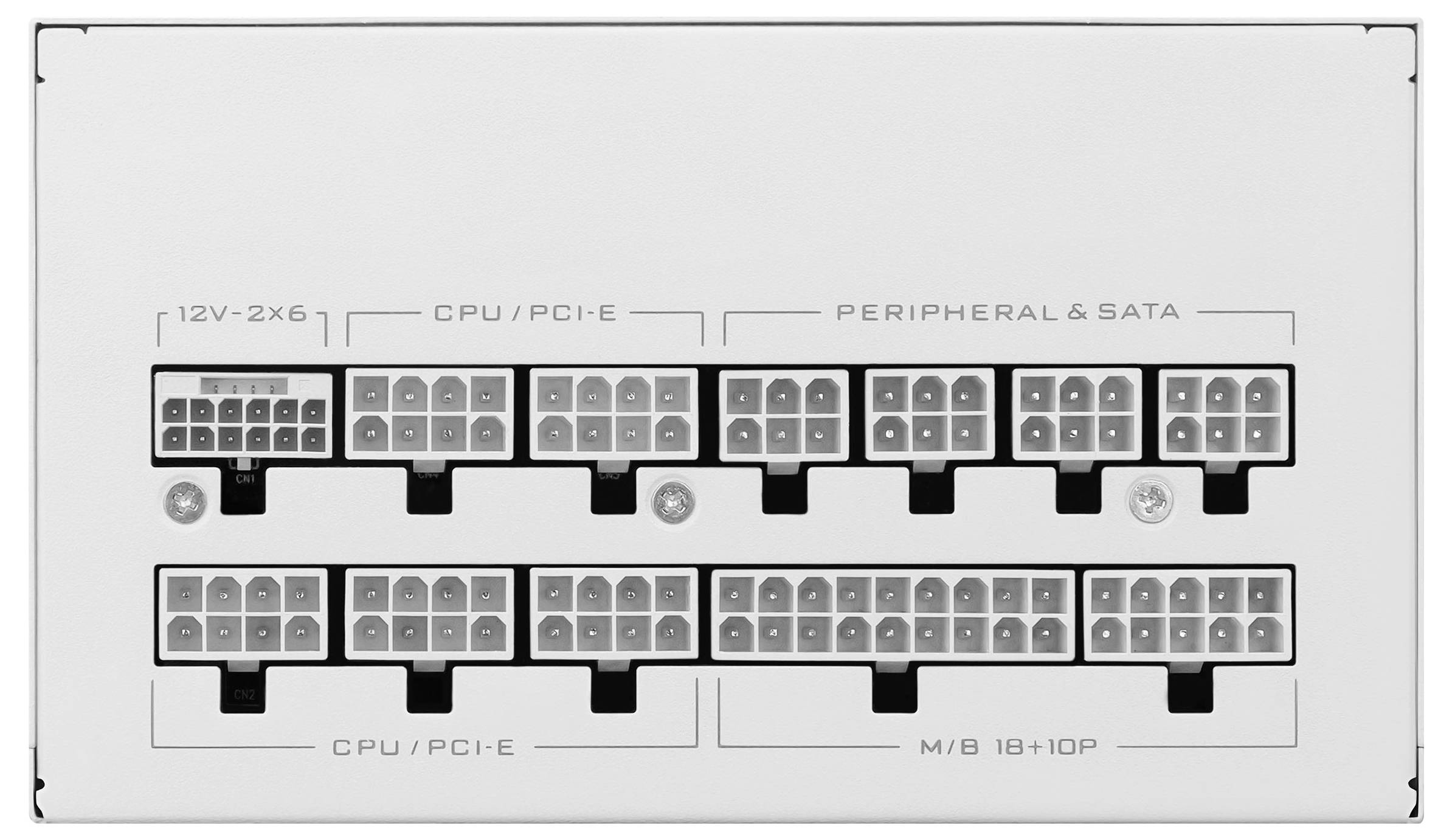 Zásuvky kabelů zdroje: 12V-2x6, CPU/PCI-E, Periferní & SATA, M/B 18+10P.
