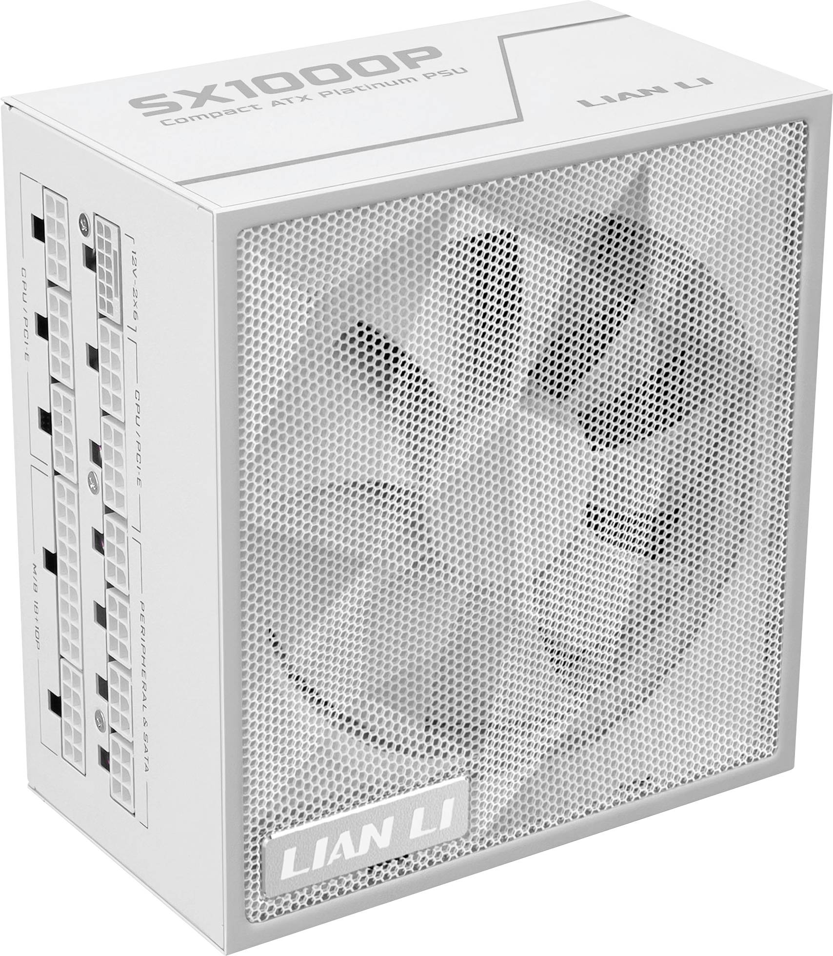 'Lian Li SX1000P Kompaktní ATX zdroj' zobrazený v bílém balení s viditelnou mřížkou ventilátoru. Strana krabice zobrazuje porty a vlastnosti.