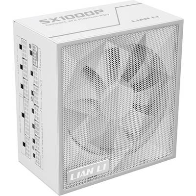 'Lian Li SX1000P Kompaktní ATX zdroj' zobrazený v bílém balení s viditelnou mřížkou ventilátoru. Strana krabice zobrazuje porty a vlastnosti.