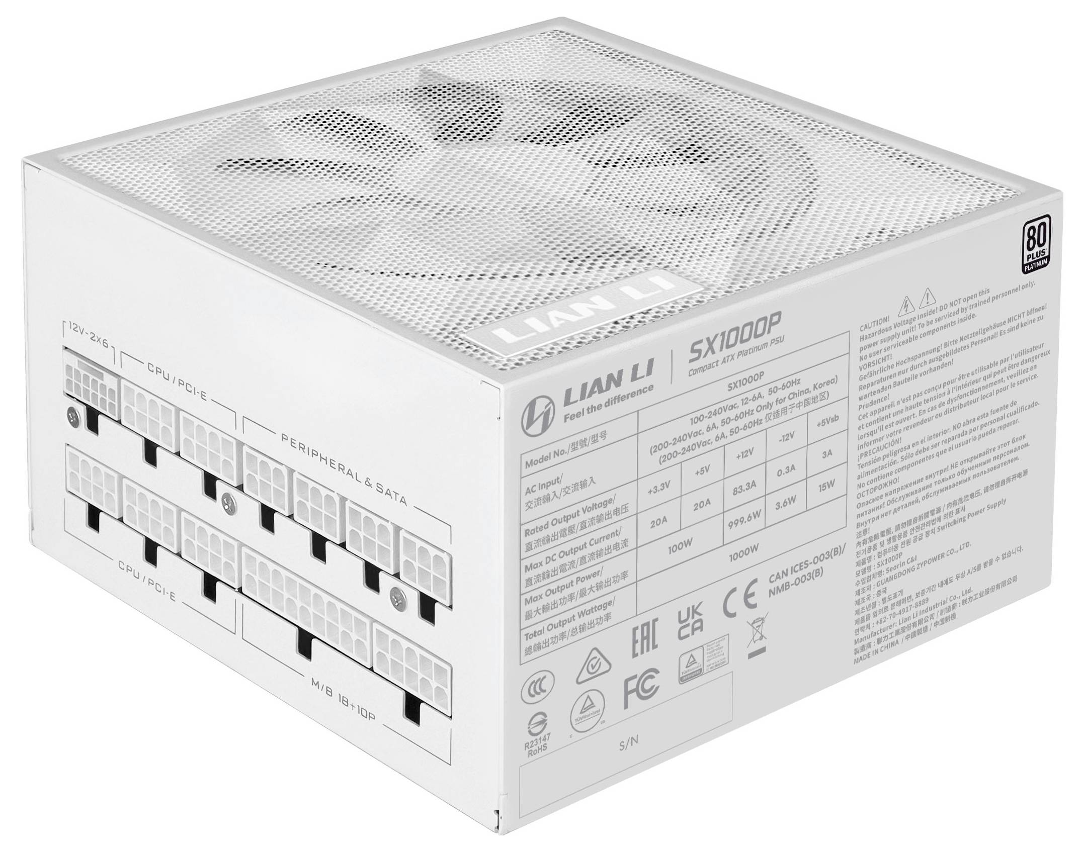 Zdroj napájení Lian Li SX1000P, bílé provedení, modulární konektory pro kabely CPU, VGA, periferie a SATA, certifikován 80 Plus Platinum.