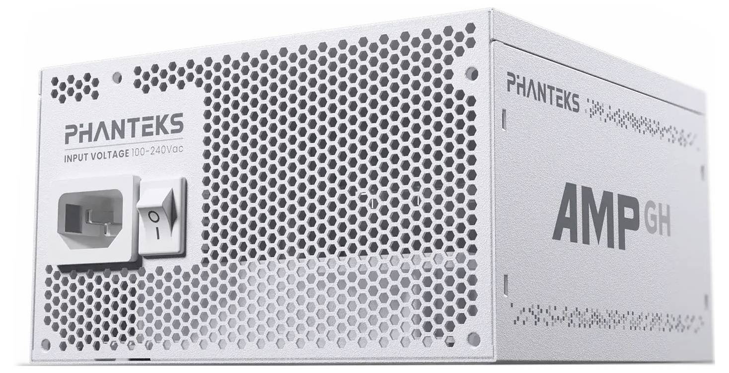 Jednotka napájecího zdroje Phanteks AMP GH s bílým děrovaným designem. Rozsah vstupního napětí je 100-240V AC.