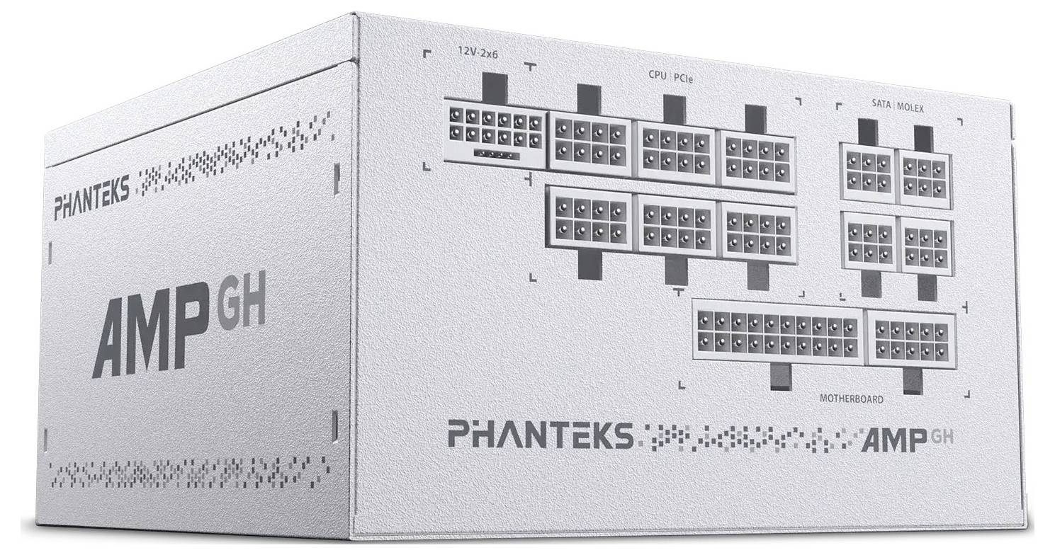 Bílá jednotka napájecího zdroje Phanteks AMP GH zobrazující více označených kabelových připojení, včetně CPU, PCIe a SATA/molex.