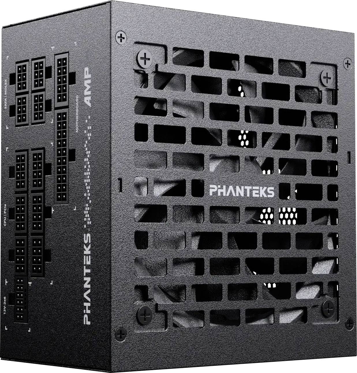 'Phanteks AMP' černá počítačová jednotka zdroje energie zobrazující více konektorů a větrací mřížku pro chladič.