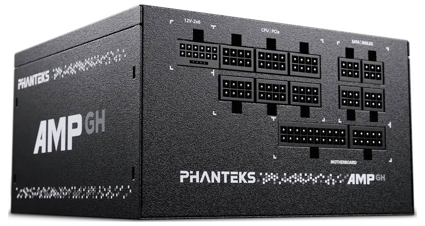 Zdroj napájení 'Phanteks AMP GH' s označenými modulárními připojovacími porty pro základní desku, CPU/PCIe a SATA/molex na černém pouzdře.
