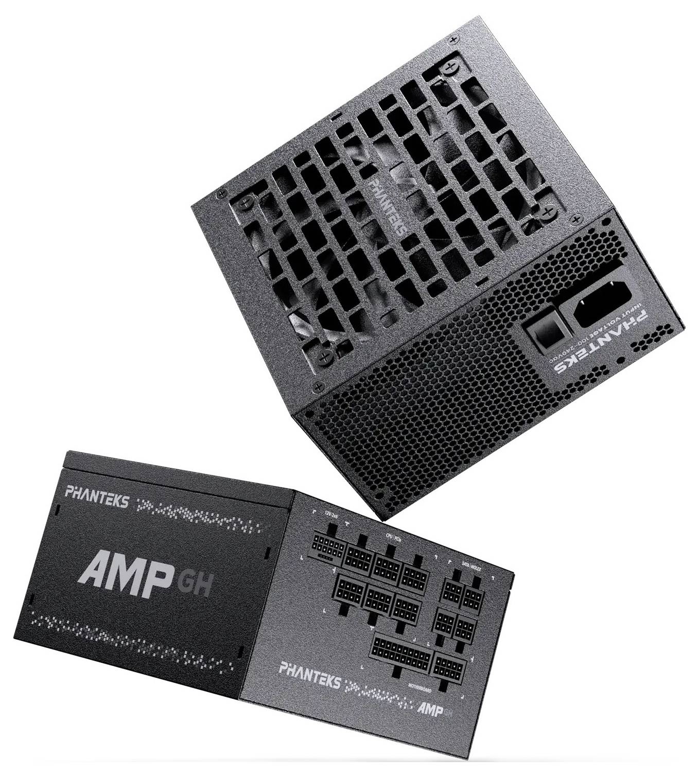 Zdroj energie "Phanteks AMP GH", zobrazený z různých úhlů, s vyzdvihnutím modulárních portů kabelů a designu chladicího otvoru.