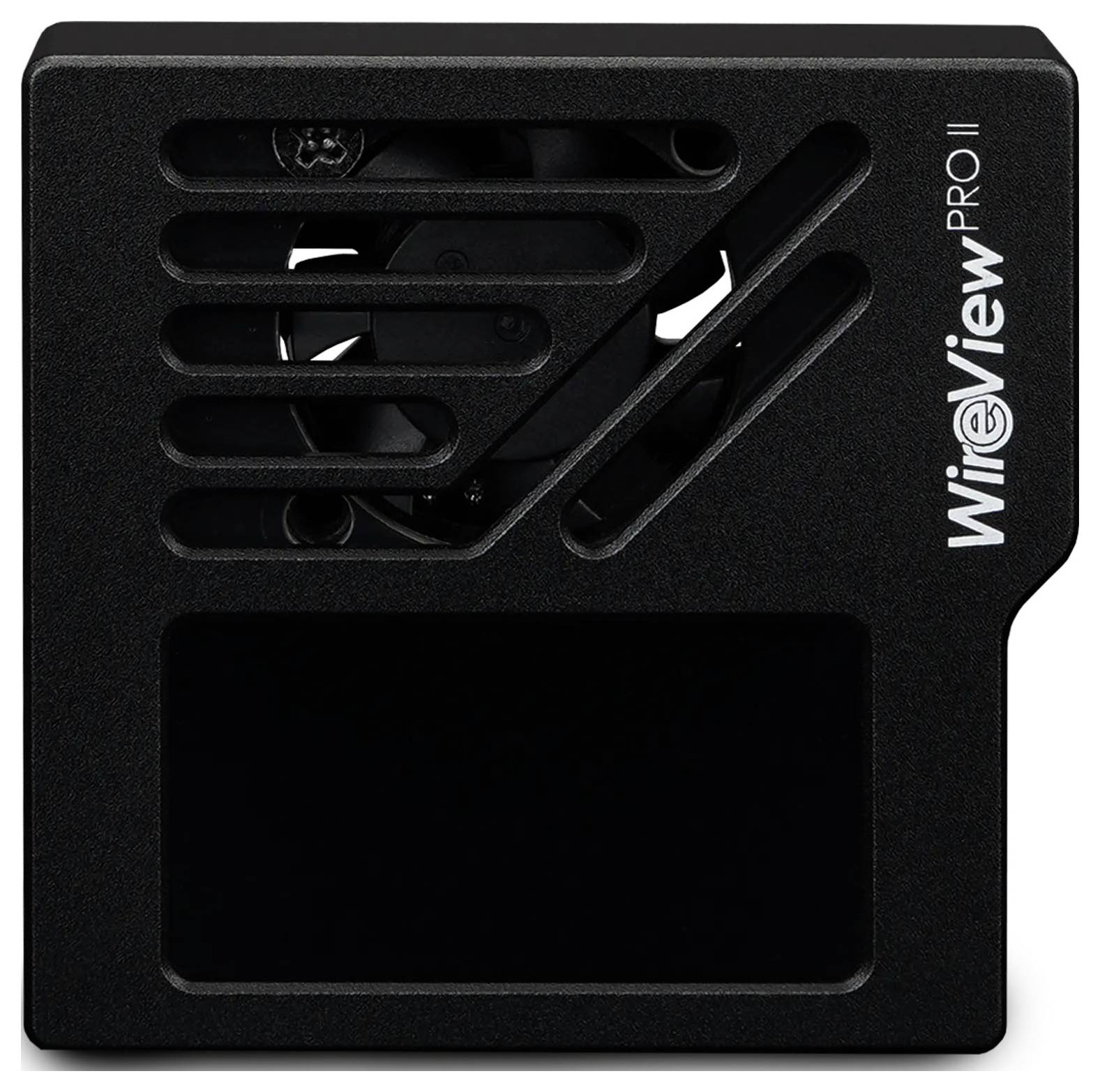 Kompaktní černé zařízení WiFiView PRO II s viditelnými ventilačními štěrbinami a ventilátorem, používané pro zlepšení konektivity Wi-Fi a výkonu.
