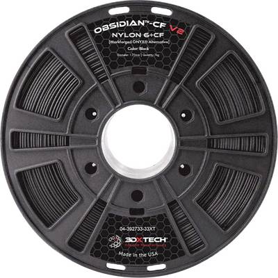 Cívka s černým vláknem pro 3D tisk označená „OBSIDIAN-CF V2 NYLON-CF" a „3DXTECH" s velkým středovým otvorem.