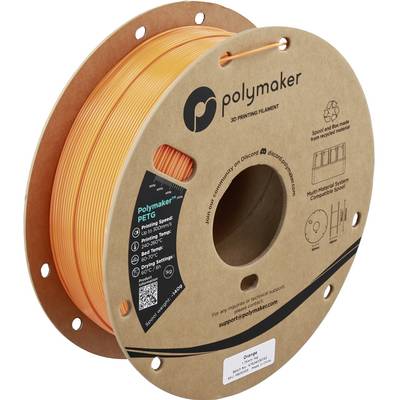 Oranžová PETG 3D tiskárna Polymaker vlákno na cívce s kartonovou cívkou a štítkem produktu.