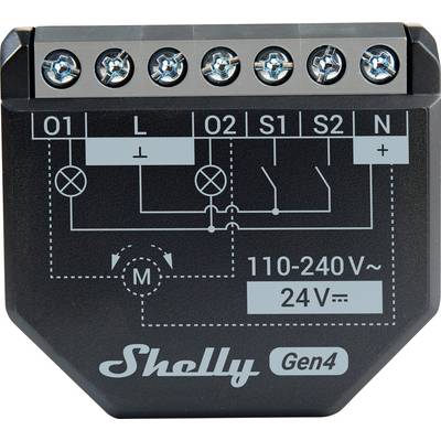 Obrázek ukazuje elektrické zařízení Shelly Gen4 se vstupy a výstupy označenými O1, O2, S1, S2, L a N, a specifikacemi napětí 110-240V a 24V.