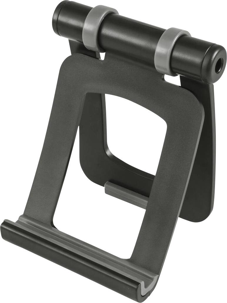 Černý a šedý držák tabletu se skládacím designem, vybavený širší základnou pro stabilitu a závěsem pro nastavitelné úhly pohledu.