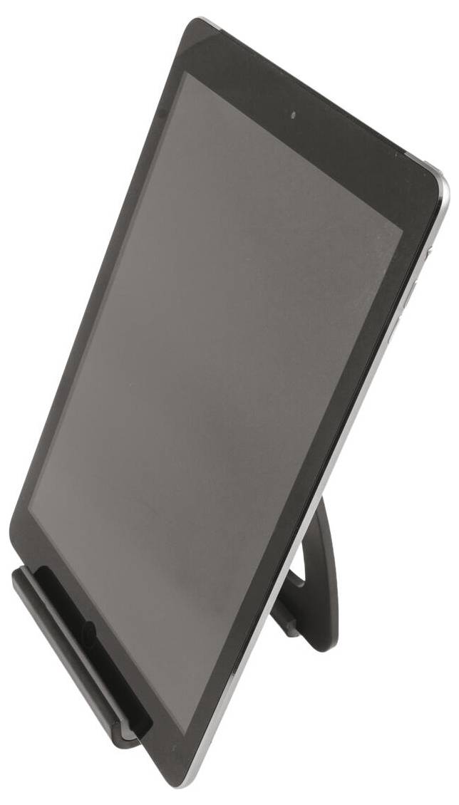 Tablet s černou obrazovkou zobrazený na stojanu, pohled z úhlu, zdůrazňující jeho tenký profil a elegantní design.