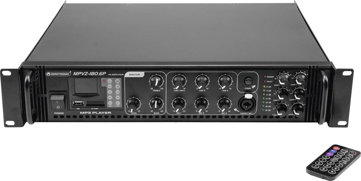 Audiovzorkovač 'MPVZ-180-6P' s černým předním panelem obsahujícím různé ovládací knoflíky, vstupní porty, digitální displej a dálkový ovladač.