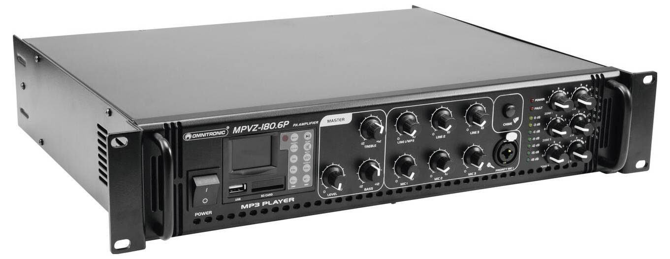 Černý audio zesilovací aparát s více ovládacími knoflíky a tlačítky na přední desce, digitálním displejem a vstupním slotem USB.