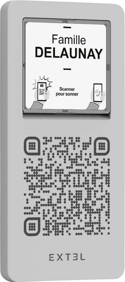 Zvonek s panelem "Famille Delaunay" a "Scanner pour sonner", obsahující QR kód, značku Extel a ilustraci telefonu.