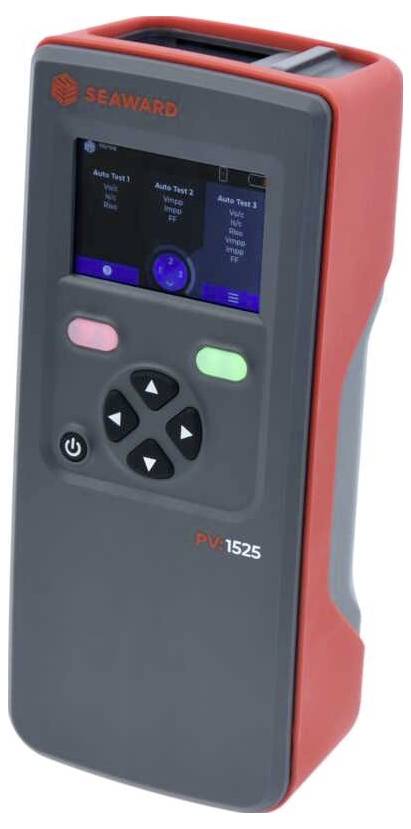 Přenosné elektronické zařízení s displejem zobrazujícím možnosti testů, ovládacím tlačítky a označením "Seaward PV150".