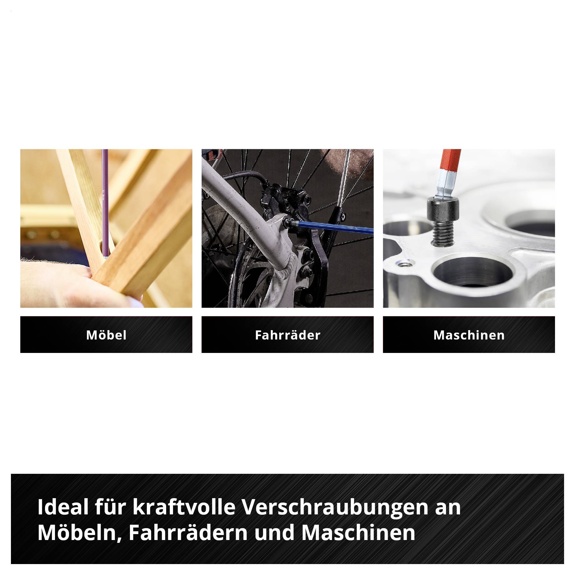 Třídílná reklamní grafika: Nábytek, jízdní kola a stroje; dole text „Ideální pro výkonné šroubování u nábytku, jízdních kol a strojů".