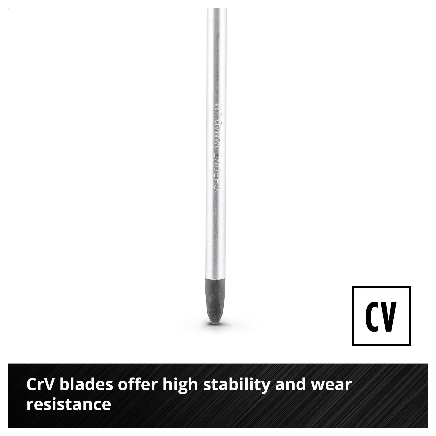 Stříbrný pinsel CrV s černým hrotem; Text: "CrV čepele nabízejí vysokou stabilitu a dlouhou odolnost proti opotřebení" a také "CV" v rámu.