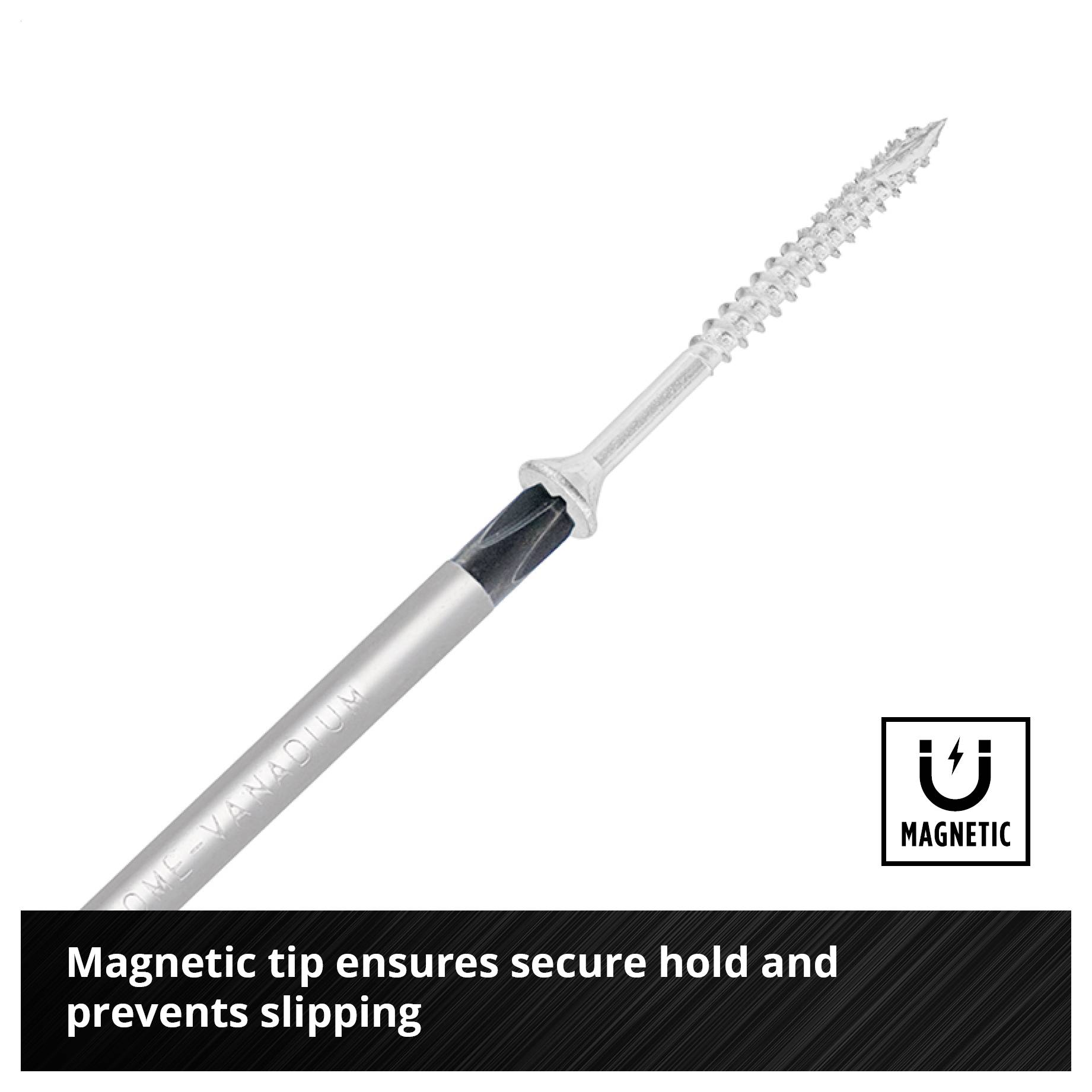 Šroubovák s magnetickým hrotem; bezpečně drží šrouby a zabraňuje sklouznutí.