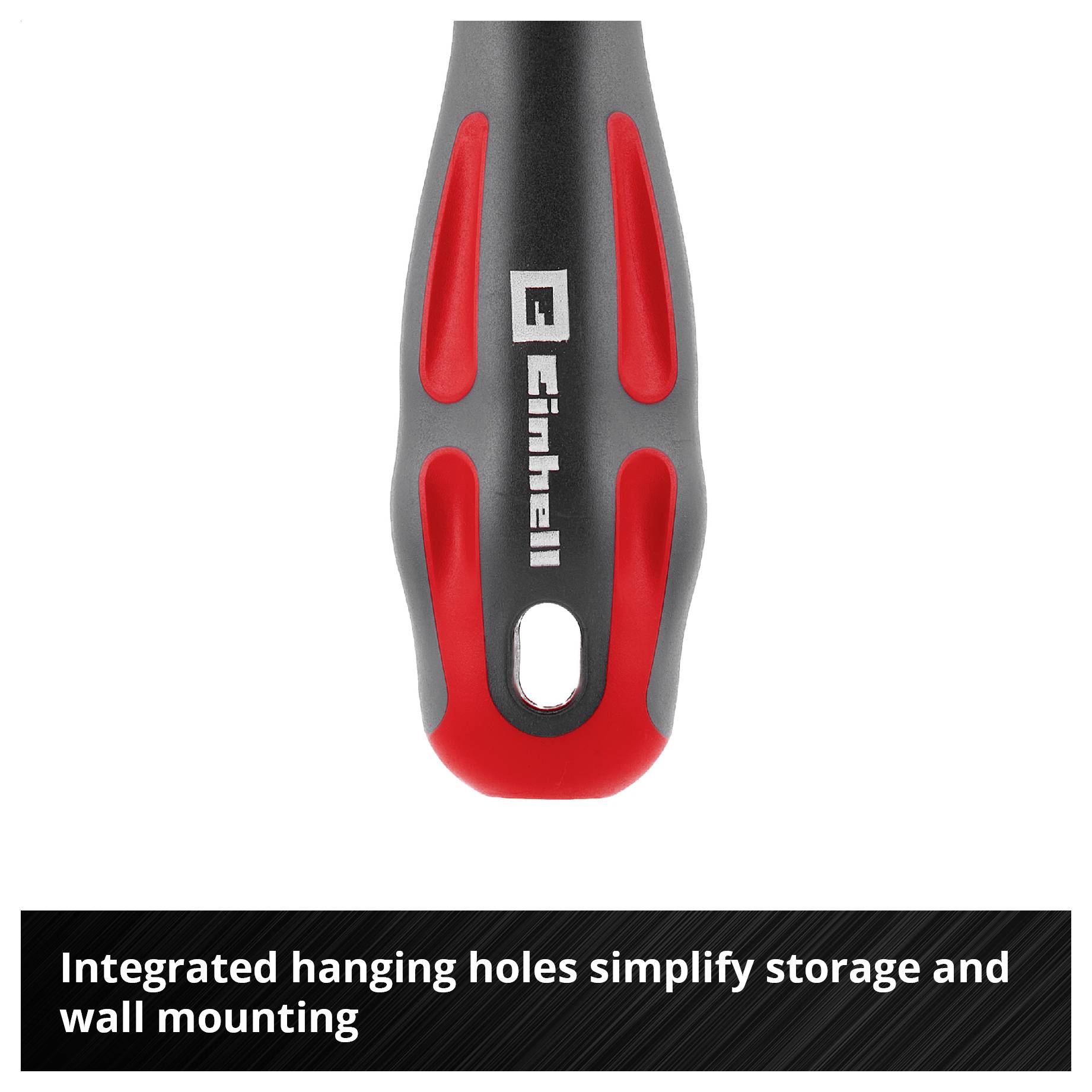 Černo-červená zónka s chytem s integrovaným otvoorem; Text: 'Integrované otvorové chyty usnadňují zavěšení a skladování'