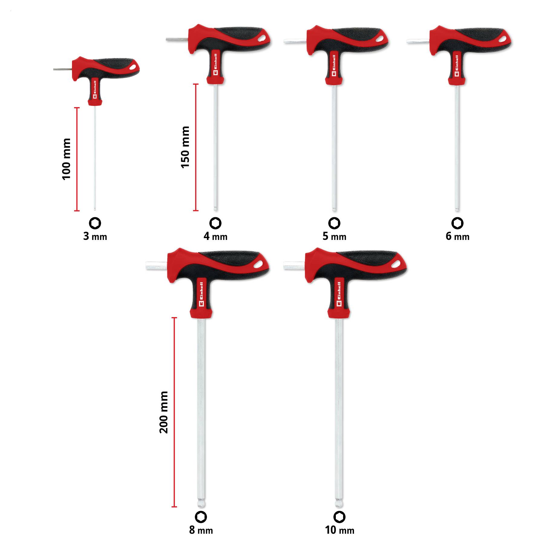 Sada T-rukojetových šestihranných klíčů v různých velikostech, označených 3 mm, 4 mm, 5 mm, 6 mm, 8 mm a 10 mm, s délkami od 100 mm do 200 mm.