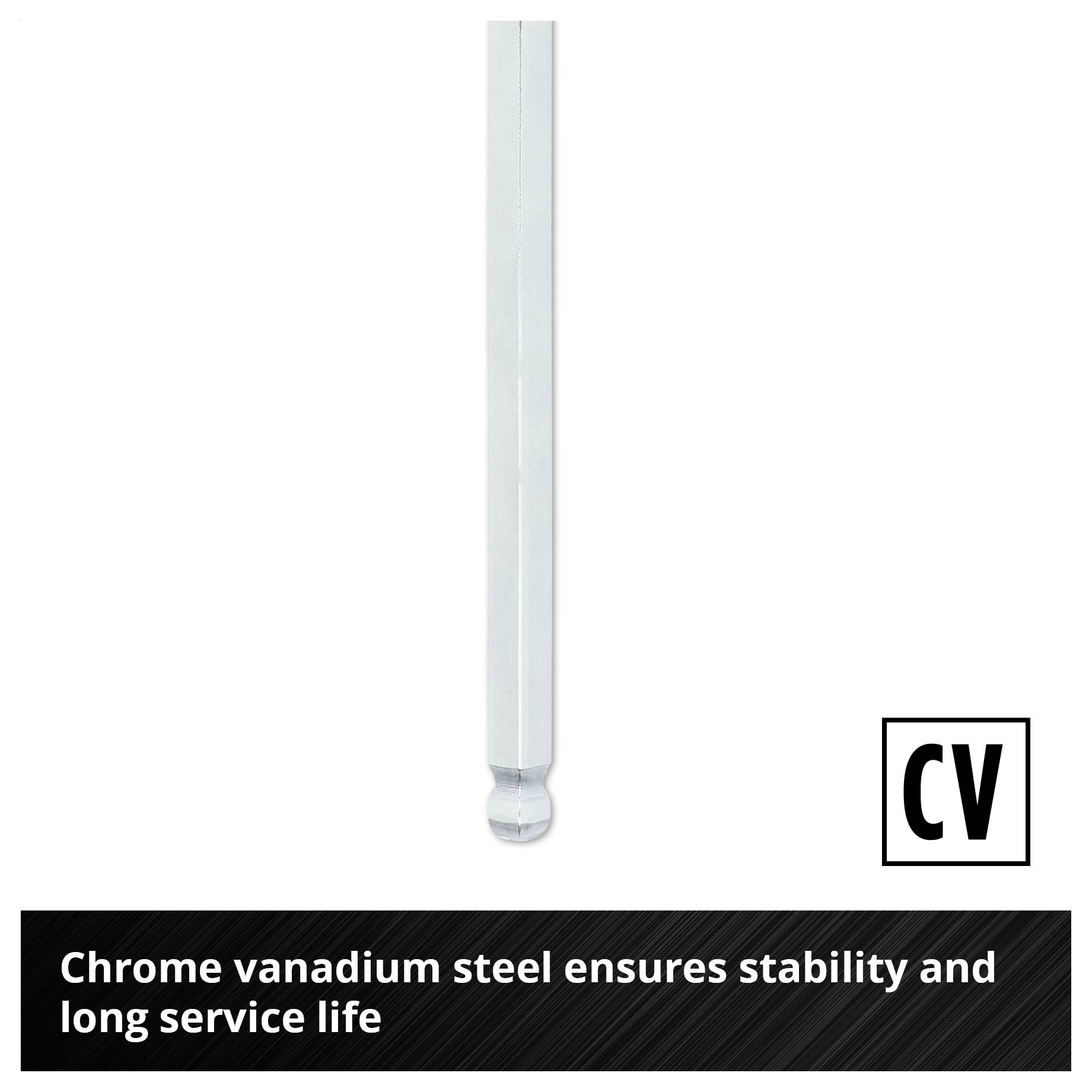Bílý vrták šroubováku z chromovanadiumové oceli; Text: 'Chromovanadiumová ocel zajišťuje stabilitu a dlouhou životnost' a 'CV' v logu.