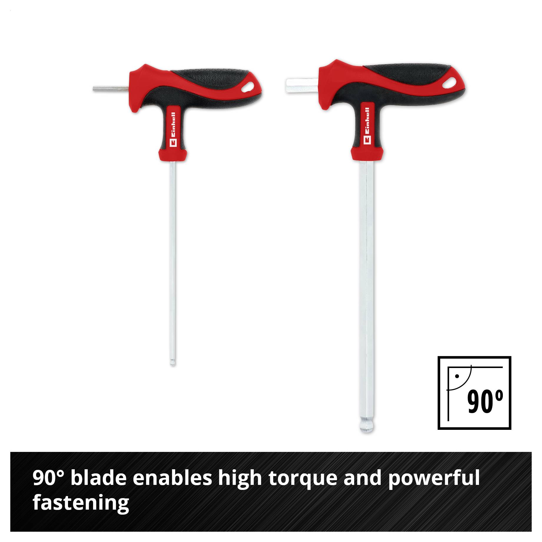 Dva T-rukohět inbusové klíče s 90° čepelí; Poznámka: '90° čepel umožňuje vysoké točivé momenty a silné šroubování'.