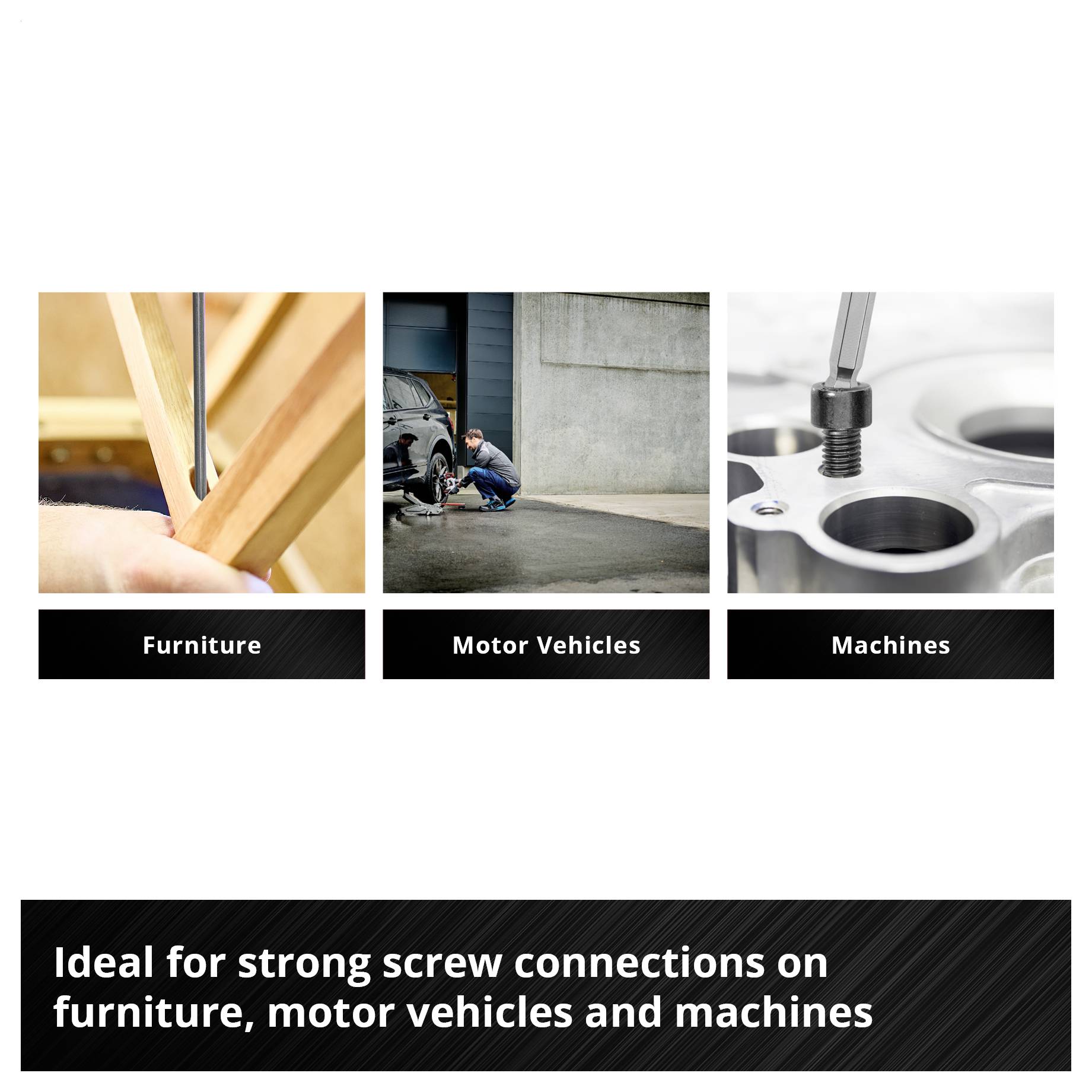 Reklamní grafika se třemi oblastmi použití: Nábytek, automobily a stroje; ukazuje silné připevnění pomocí šroubů na dřevo, auto a kov.