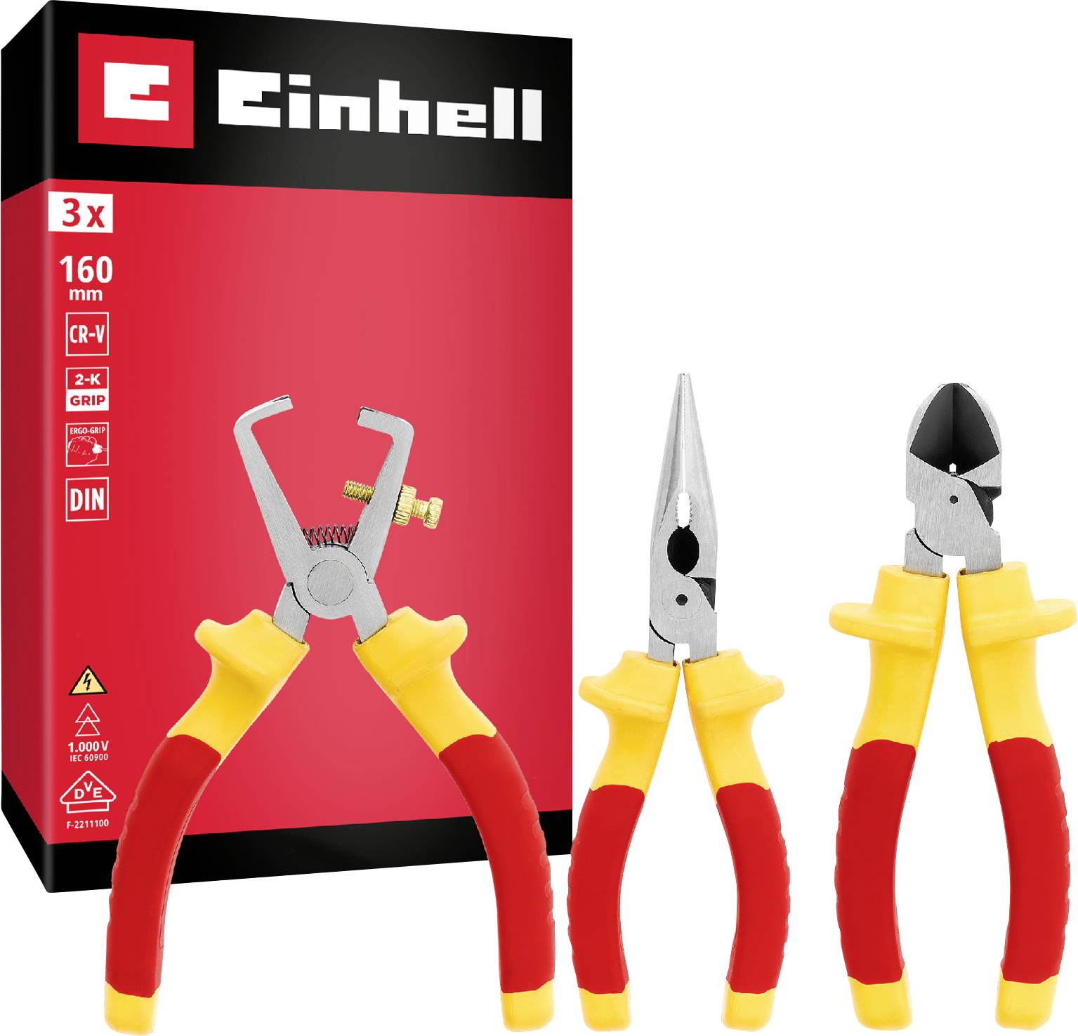 Sada 3 izolovaných kleští Einhell obsahující strhávač izolace, dlouhonose kleště a diagonální nůžky na drát, zobrazena s obalem produktu.