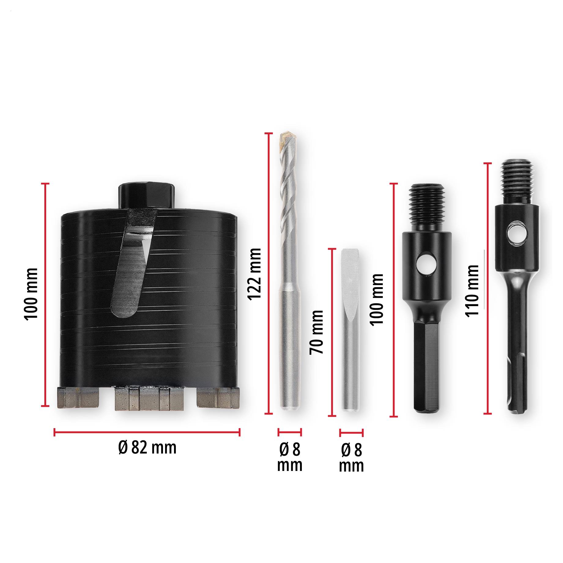 Sada černých vrtacích komponent a adaptérů zobrazená s rozměry: pilová koruna s průměrem 82 mm a výškou 100 mm, plus dva 8mm vrty/adaptéry označené rozměry 122 mm, 70 mm, 100 mm a 110 mm.