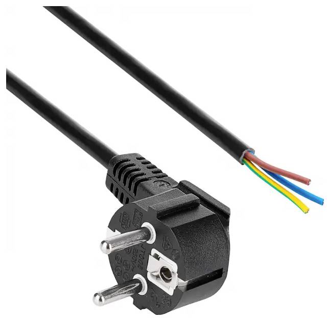 Černý elektrický napájecí kabel se dvoupólovou zásuvkou a exponovanými červenými, modrými, žlutými a zelenými vodiči na druhém konci.