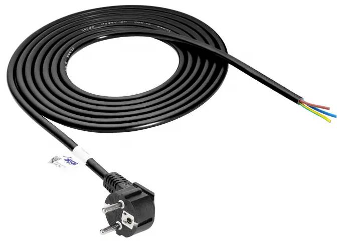 Černý elektrický kabel s vidlicí na jednom konci a odhalenými vodiči (červený, žlutý, modrý) na druhém konci, rozložený v cívce.