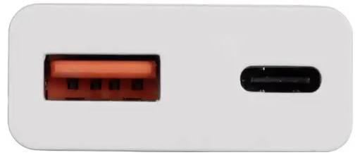 Bílé zařízení se dvěma porty: obdélníkovým USB-A portem na levé straně a menším oválným USB-C portem na pravé straně.