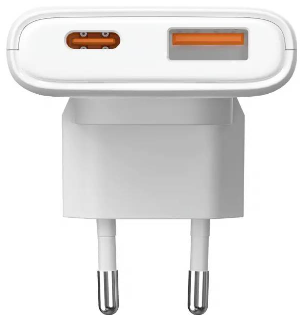 Bílá dvouportová nástěnná nabíječka s porty USB-C a USB-A, navržená pro efektivní nabíjení zařízení, zobrazená před jednoduchým pozadím.