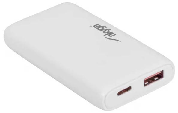 Bílá powerbanka s logem na vrcholu, vybavená jedním USB a jedním USB-C portem, určená pro nabíjení přenosných zařízení.