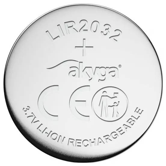 Kulatá lithium-iontová nabíjecí baterie LIR2032 se značkou výrobce a bezpečnostními symboly vyraženými na povrchu.