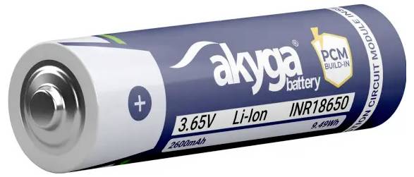 Baterie 'AKYGA 3,65V Li-Ion, model INR18650, kapacita 2600mAh, s vestavěnou technologií PCM.'