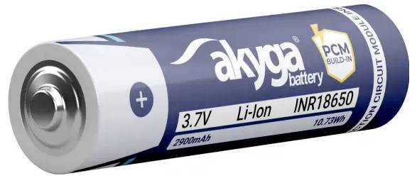 Modrá a bílá válcová lithium-iontová baterie s nápisem „akyga" se specifikacemi „3,7V", „INR18650" a „2900mAh".