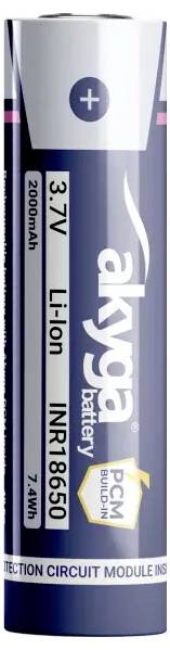 Cylindrická lithium-iontová baterie označená „2000mAh", „3.7V" a „PCM vestavěný", viditelný název značky, vhodná pro elektronická zařízení.