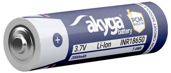 Baterie 3,7V Li-ion značky 'akya', model 'INR18650', kapacita 2000mAh.