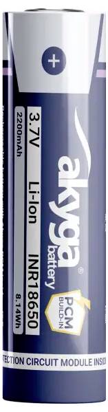 Lithiová baterie 18650 od společnosti Akyga s napětím 3,7V, kapacitou 2900mAh a ochranou PCM uvedenou na štítku.