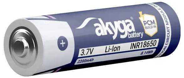Purpurová válcová baterie s označením „baterie akyga" se specifikacemi: 3,7V, Li-Ion, INR18650, 2200mAh a vstavěný PCM.