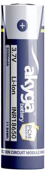 Modrá cylindrická lithium-iontová baterie označená "Akyga INR18650 3200mAh 3.7V".