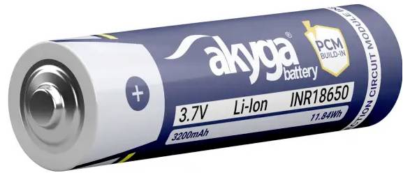 Baterie Li-Ion 3,7V, model INR18650, 3200mAh, s vestavěným PCM, značka Akyga.