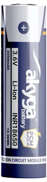 Modrá lithium-iontová baterie Akyga INR18650, 3,6V, 3350mAh. Text zní: "Vestavěný PCM." Vhodná pro elektronická zařízení.