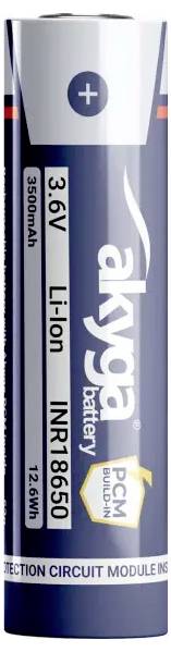 'Baterie Akyga 3,6V lithium-ion, model INR18650, 3500mAh, s ochranným modulem PCM.'