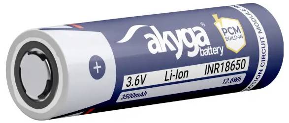 Lithium-iontová baterie označená 'akgya battery, INR18650, 3.6V, 3500mAh, 12.6Wh' se znaménkem '+' značícím kladný pól.