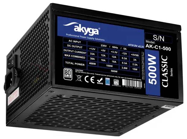 Napájecí zdroj ATX 500W, Akyga AK-C1-500, řada Classic. Funkce zahrnují certifikaci 80 Plus, více konektorů a specifikace napětí.